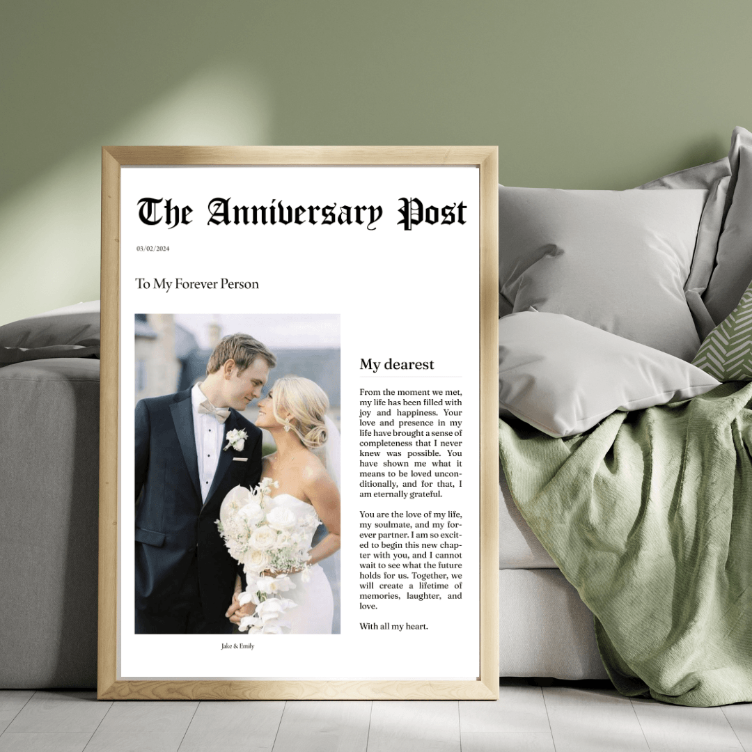 anniversary newspaper poster personalised with couple photo – A3 print with frame