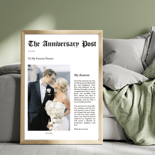 anniversary newspaper poster personalised with couple photo – A3 print with frame