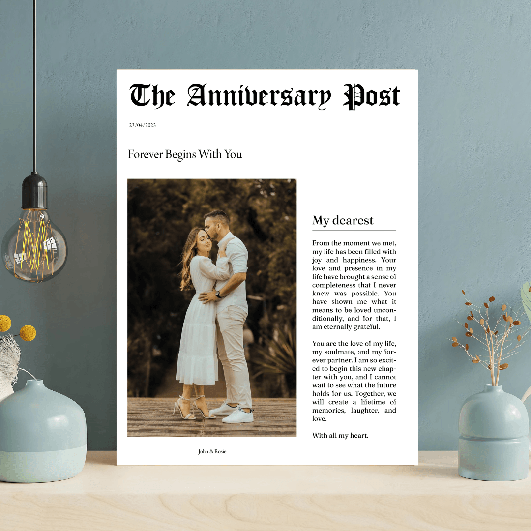 anniversary newspaper poster personalised with couple photo – A3 print