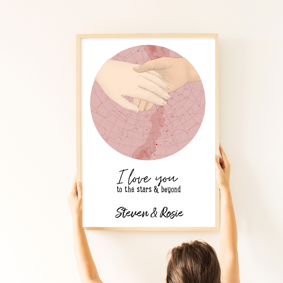 Personalised Hand-in-Hand Star Map Poster (A3) - All Custom